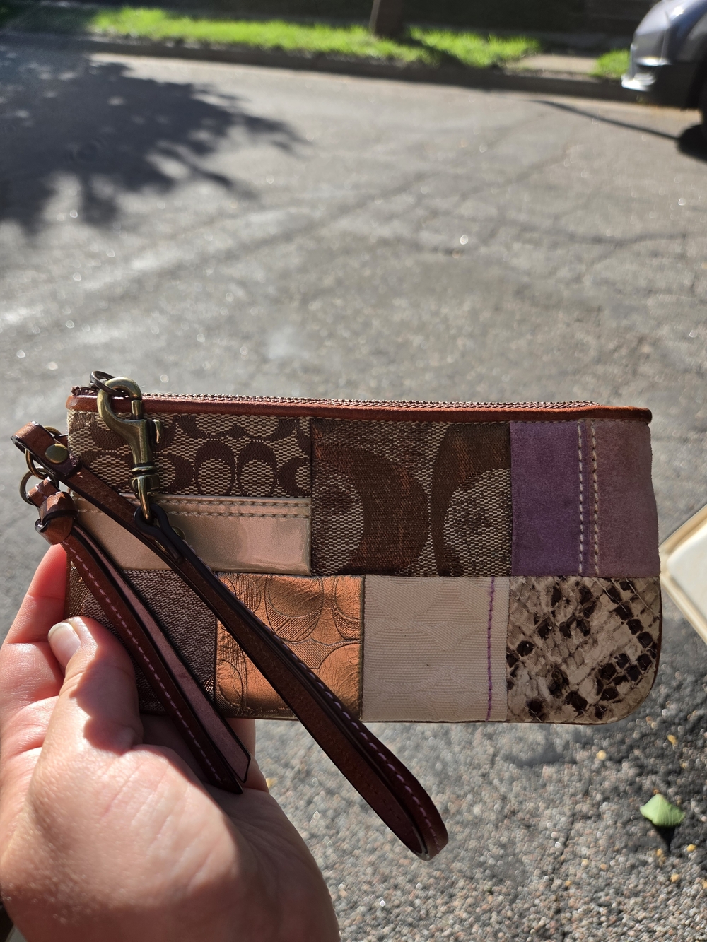 Coach Patchwork Wristlet Clutch in Brown, Pink & Cream